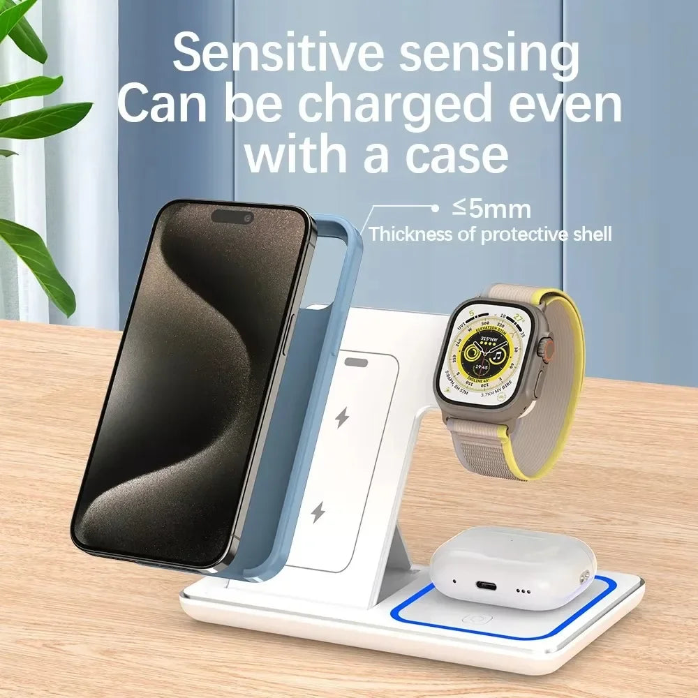 3 in 1 Wireless Charger Stand Pad Foldable Fast Charging Station Dock For iPhone 17 16 15 14 13 12 11 X 8 Apple Watch Airpods