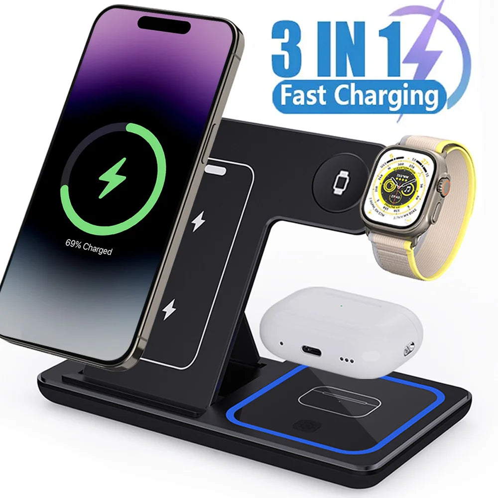 30W 3 in 1 Night Light Wireless Charger Stand For iPhone 17 16 15 14 13 12 Apple Watch Airpods Foldable Fast Charging Station