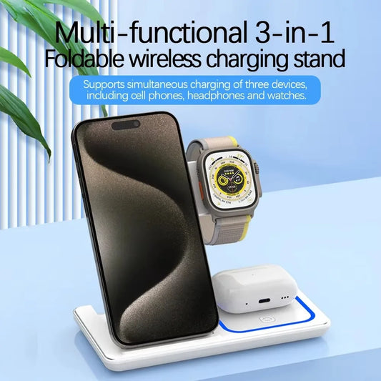 3 in 1 Wireless Charger Stand Pad Foldable Fast Charging Station Dock For iPhone 17 16 15 14 13 12 11 X 8 Apple Watch Airpods