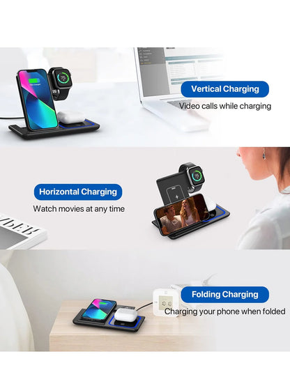 30W 3 in 1 Night Light Wireless Charger Stand For iPhone 17 16 15 14 13 12 Apple Watch Airpods Foldable Fast Charging Station