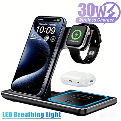 30W 3 in 1 Night Light Wireless Charger Stand For iPhone 17 16 15 14 13 12 Apple Watch Airpods Foldable Fast Charging Station