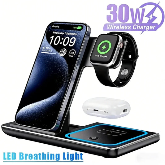 30W 3 in 1 Night Light Wireless Charger Stand For iPhone 17 16 15 14 13 12 Apple Watch Airpods Foldable Fast Charging Station